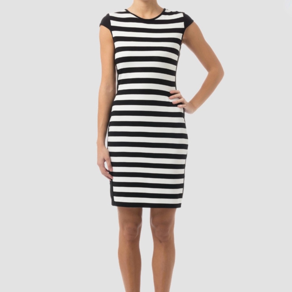 Joseph Ribkoff Black & White Striped Dress Cap Sleeve‎ Size 8 Back Red Zipper